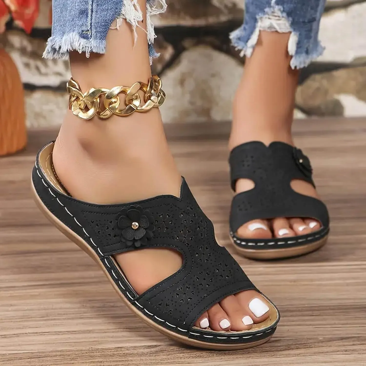 SuanlaTDS Orthopedic Wedge Sandals for Women 2025 Summer Dressy Open Toe Walking Slippers with Arch Support Comfortable Daily Wear Outdoor Beach Shoes Slip-on Platform Low Heel Slide Sandal