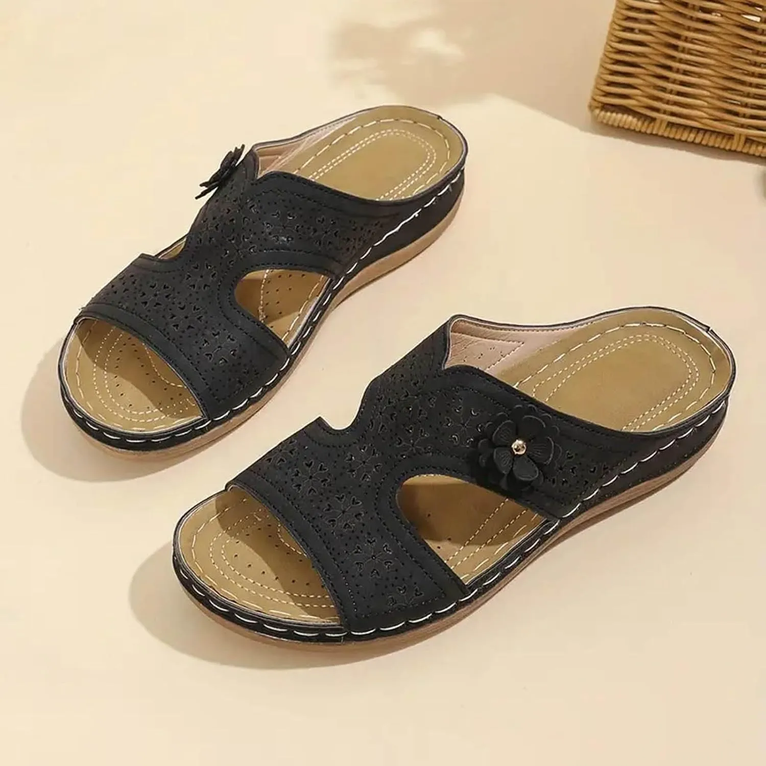 SuanlaTDS Orthopedic Wedge Sandals for Women 2025 Summer Dressy Open Toe Walking Slippers with Arch Support Comfortable Daily Wear Outdoor Beach Shoes Slip-on Platform Low Heel Slide Sandal