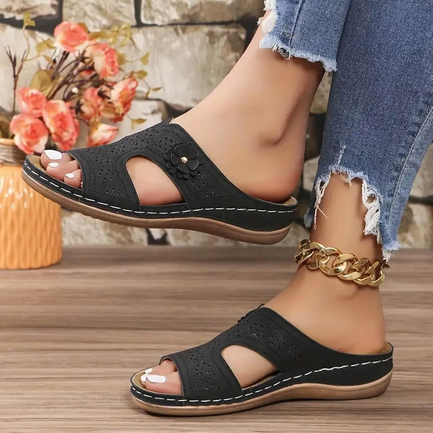 SuanlaTDS Orthopedic Wedge Sandals for Women 2025 Summer Dressy Open Toe Walking Slippers with Arch Support Comfortable Daily Wear Outdoor Beach Shoes Slip-on Platform Low Heel Slide Sandal