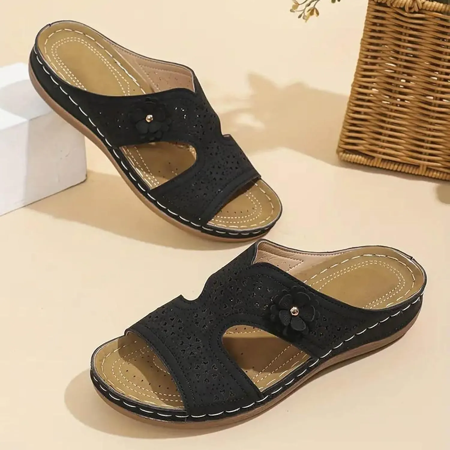 SuanlaTDS Orthopedic Wedge Sandals for Women 2025 Summer Dressy Open Toe Walking Slippers with Arch Support Comfortable Daily Wear Outdoor Beach Shoes Slip-on Platform Low Heel Slide Sandal