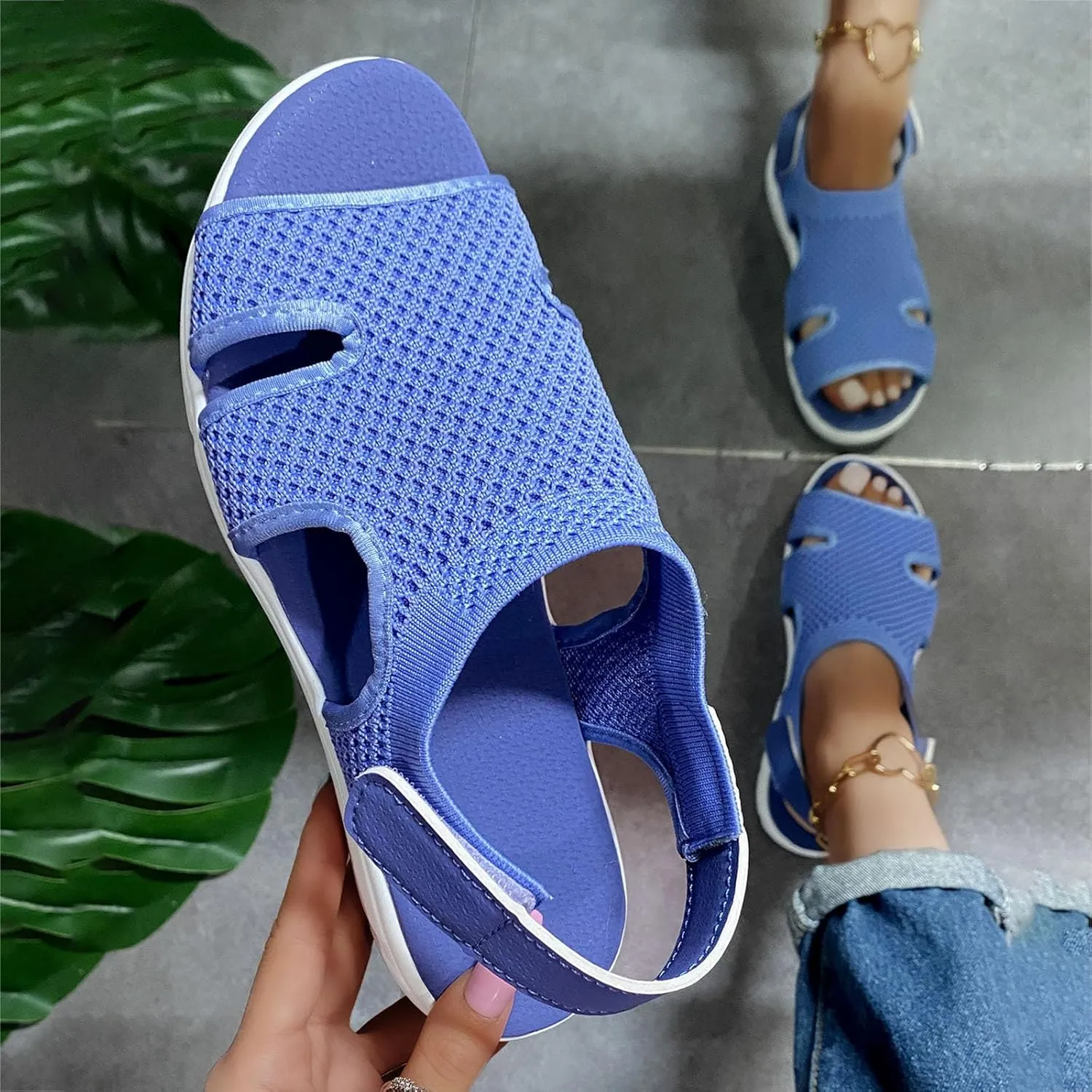 SuanlaTDS Platform Sandals for Women Comfortable Wedge Open Toe Walking Orthopedic Sandals Summer Dressy Mesh Casual Thick Soled Slingback Breathable Low Heels Outdoor Sport Sandals