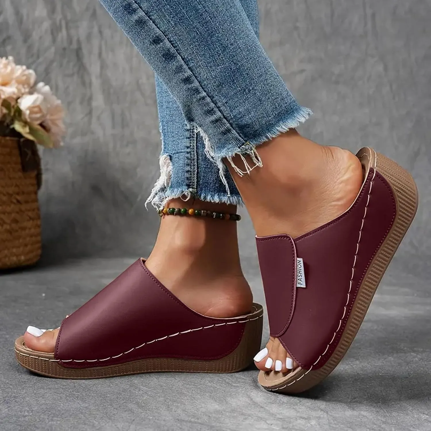SuanlaTDS Women's Orthopedic Wedge Slide Sandals Platform Arch Support Comfortable Slip On Open Toe High Heels Slide Sandal Casual Summer Shoes Outdoor Elegant Dressy Walking Slippers