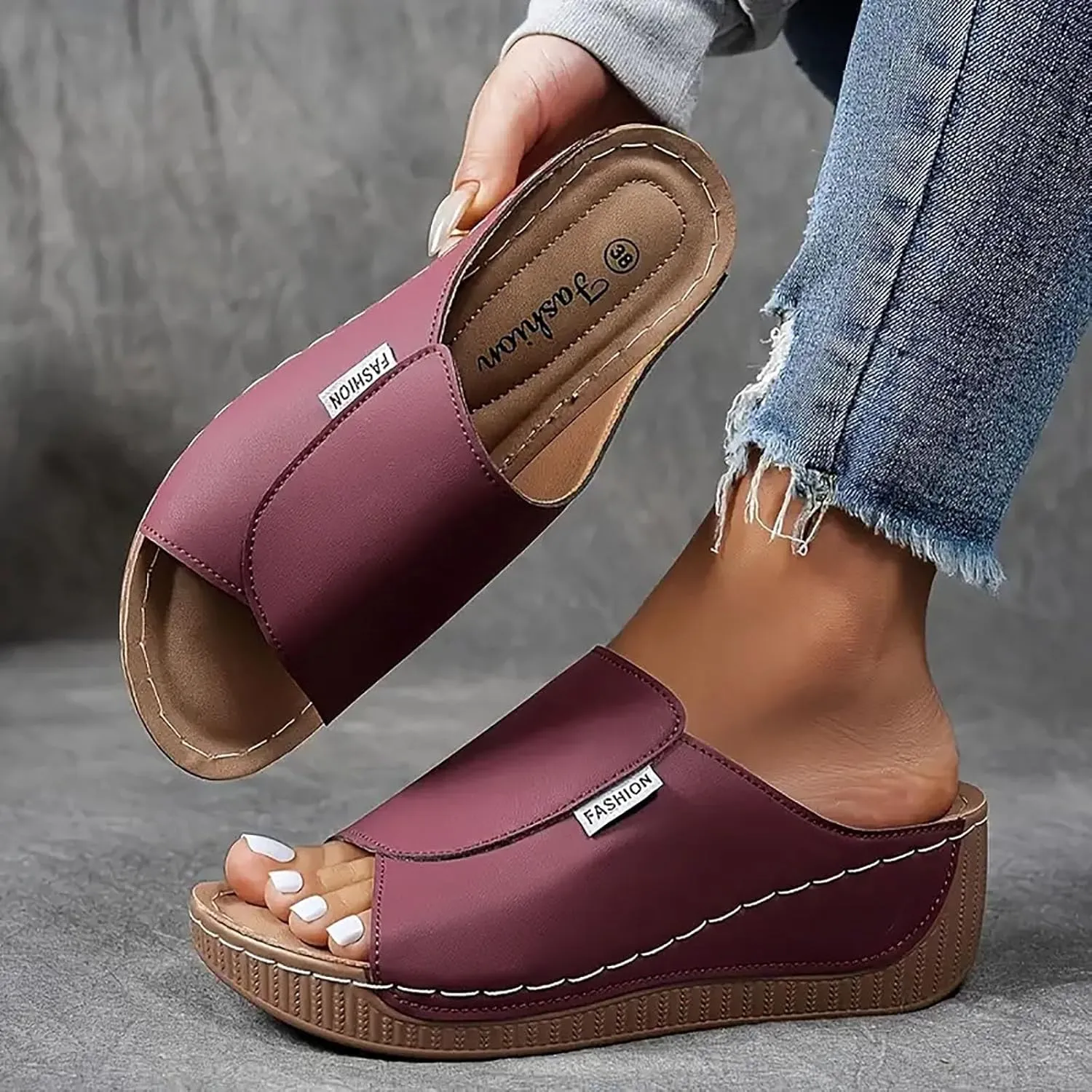 SuanlaTDS Women's Orthopedic Wedge Slide Sandals Platform Arch Support Comfortable Slip On Open Toe High Heels Slide Sandal Casual Summer Shoes Outdoor Elegant Dressy Walking Slippers