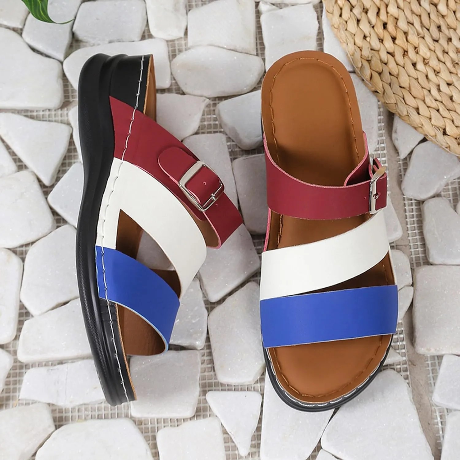 SuanlaTDS Womens Sandals Comfortable Dressy Wedge Platform Slip On Low Heels Orthopedic Sandals with Arch Support Summer Beach Casual Open Toe Wedges Flat Slide Sandals Outdoor Shoes