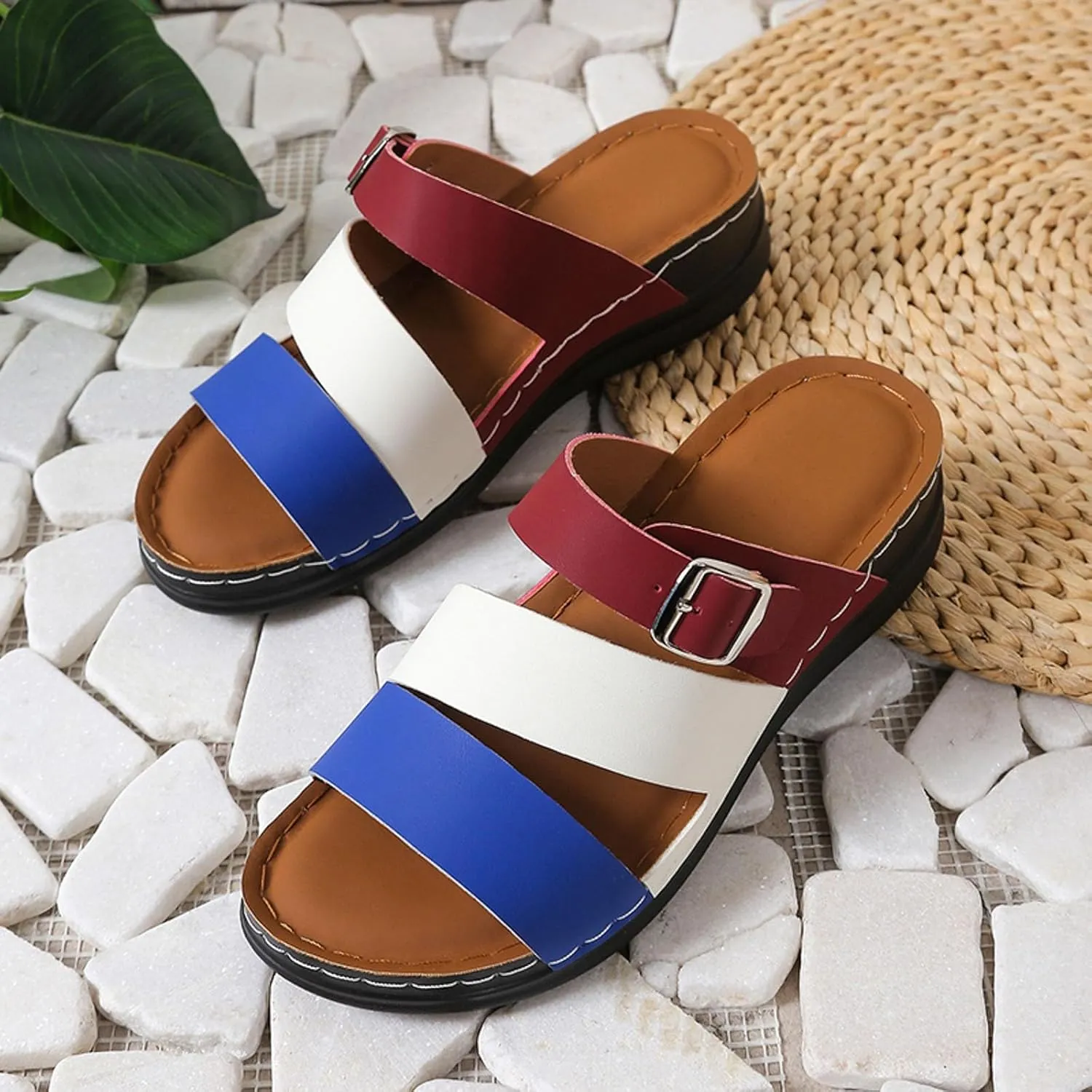 SuanlaTDS Womens Sandals Comfortable Dressy Wedge Platform Slip On Low Heels Orthopedic Sandals with Arch Support Summer Beach Casual Open Toe Wedges Flat Slide Sandals Outdoor Shoes