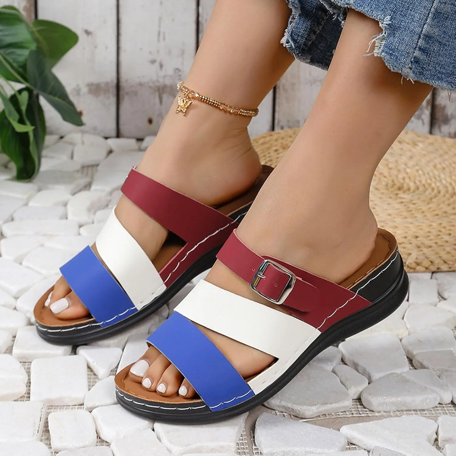 SuanlaTDS Womens Sandals Comfortable Dressy Wedge Platform Slip On Low Heels Orthopedic Sandals with Arch Support Summer Beach Casual Open Toe Wedges Flat Slide Sandals Outdoor Shoes