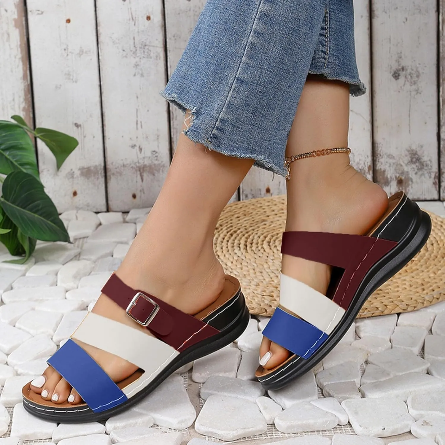 SuanlaTDS Womens Sandals Comfortable Dressy Wedge Platform Slip On Low Heels Orthopedic Sandals with Arch Support Summer Beach Casual Open Toe Wedges Flat Slide Sandals Outdoor Shoes