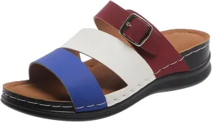 SuanlaTDS Womens Sandals Comfortable Dressy Wedge Platform Slip On Low Heels Orthopedic Sandals with Arch Support Summer Beach Casual Open Toe Wedges Flat Slide Sandals Outdoor Shoes