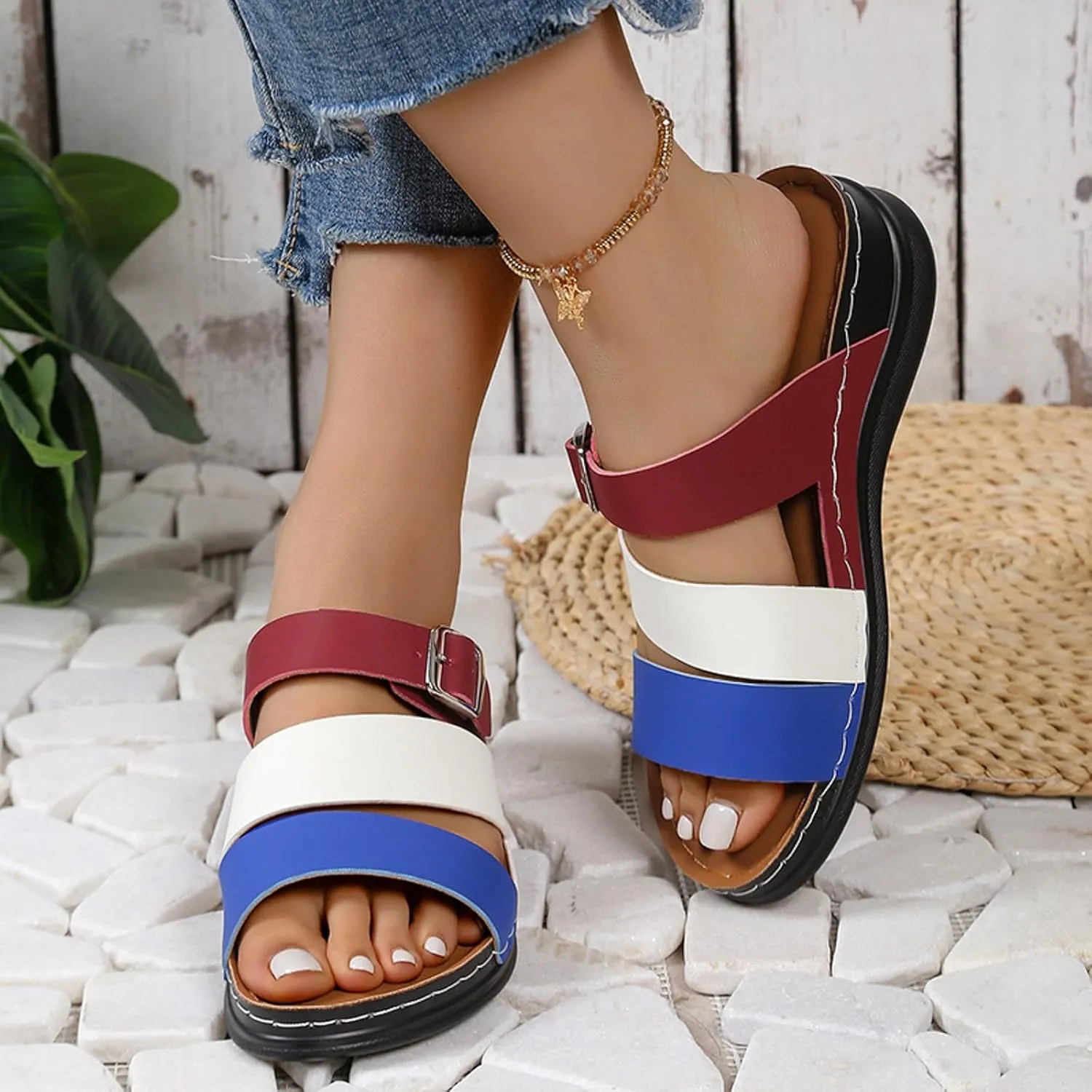 SuanlaTDS Womens Sandals Comfortable Dressy Wedge Platform Slip On Low Heels Orthopedic Sandals with Arch Support Summer Beach Casual Open Toe Wedges Flat Slide Sandals Outdoor Shoes