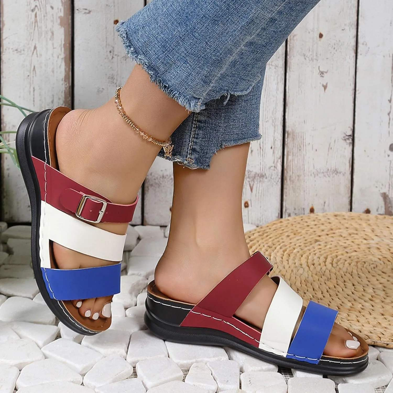 SuanlaTDS Womens Sandals Comfortable Dressy Wedge Platform Slip On Low Heels Orthopedic Sandals with Arch Support Summer Beach Casual Open Toe Wedges Flat Slide Sandals Outdoor Shoes