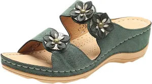 Summer Casual Beach Sandals for Women Flower Decor Wedge Sandals Slip On Orthopedic Sandals Open Toe Wedges Breathable Walking Slides Comfortable
