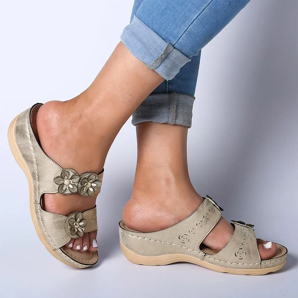 Summer Casual Beach Sandals for Women Flower Decor Wedge Sandals Slip On Orthopedic Sandals Open Toe Wedges Breathable Walking Slides Comfortable