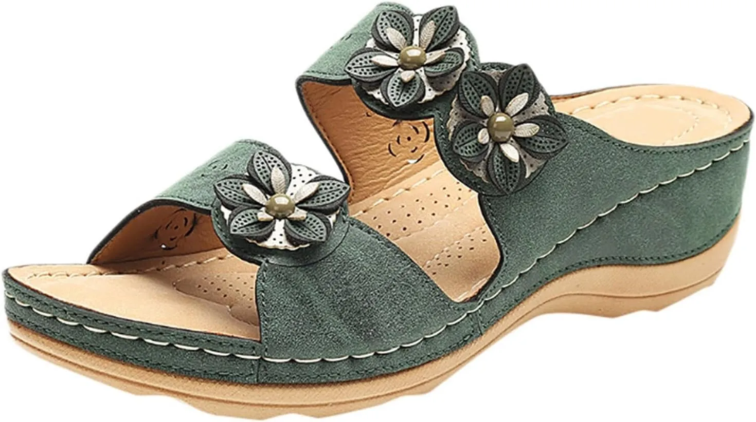 Summer Casual Beach Sandals for Women Flower Decor Wedge Sandals Slip On Orthopedic Sandals Open Toe Wedges Breathable Walking Slides Comfortable