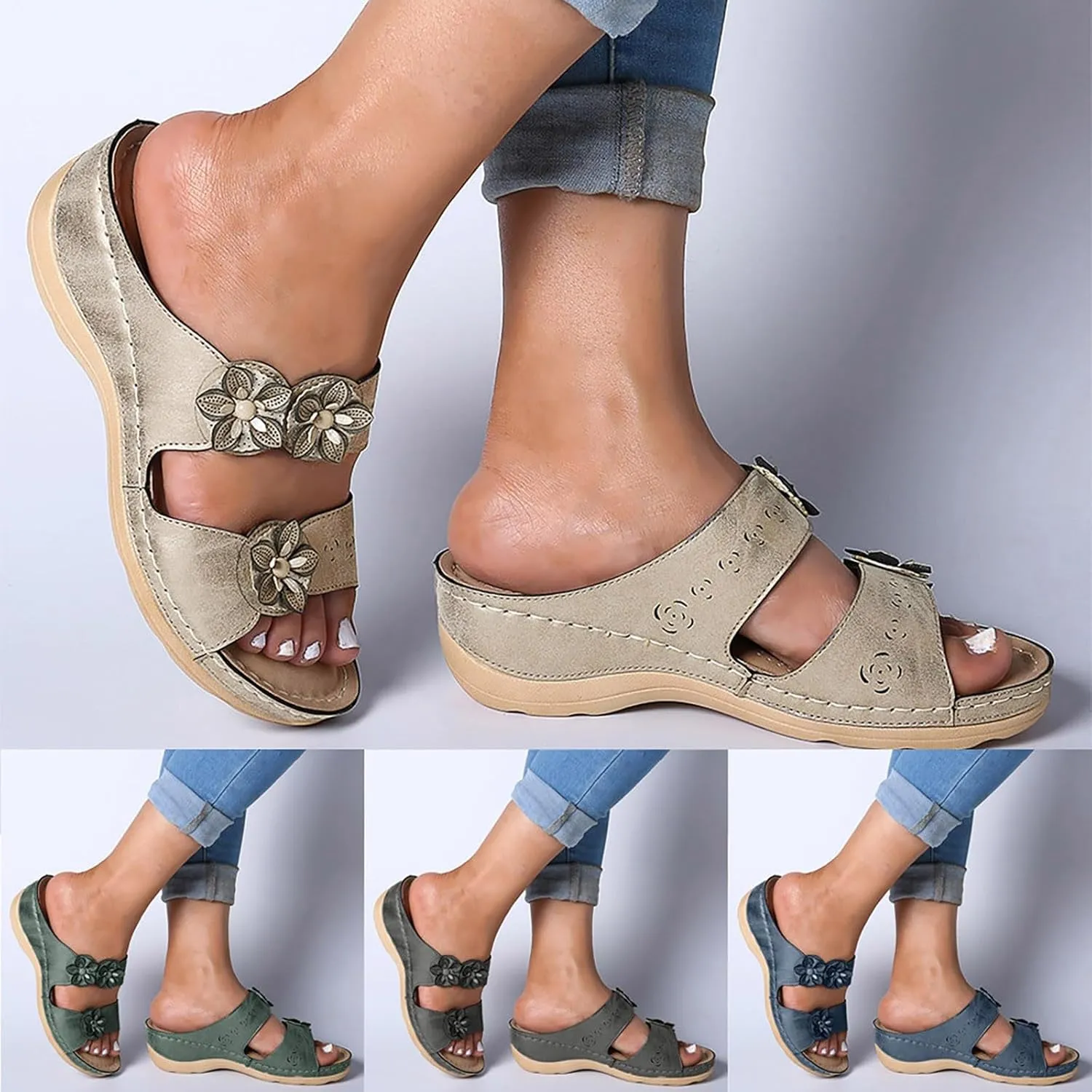 Summer Casual Beach Sandals for Women Flower Decor Wedge Sandals Slip On Orthopedic Sandals Open Toe Wedges Breathable Walking Slides Comfortable