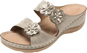 Summer Casual Beach Sandals for Women Flower Decor Wedge Sandals Slip On Orthopedic Sandals Open Toe Wedges Breathable Walking Slides Comfortable