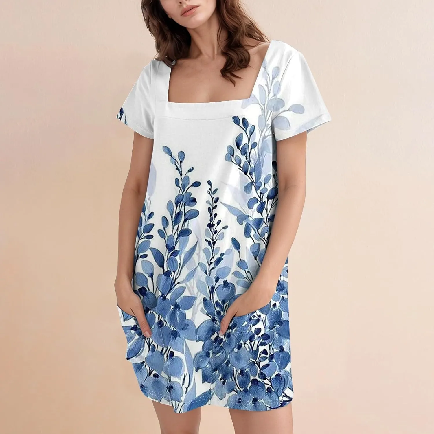 Summer Dress T-Shirt Dress Short Sleeve Square Neck Plus Size Dresses for Curvy Women Fashion Mini Dress with Pockets