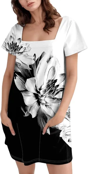 Summer Dress T-Shirt Dress Short Sleeve Square Neck Plus Size Dresses for Curvy Women Fashion Mini Dress with Pockets