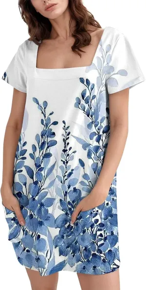 Summer Dress T-Shirt Dress Short Sleeve Square Neck Plus Size Dresses for Curvy Women Fashion Mini Dress with Pockets