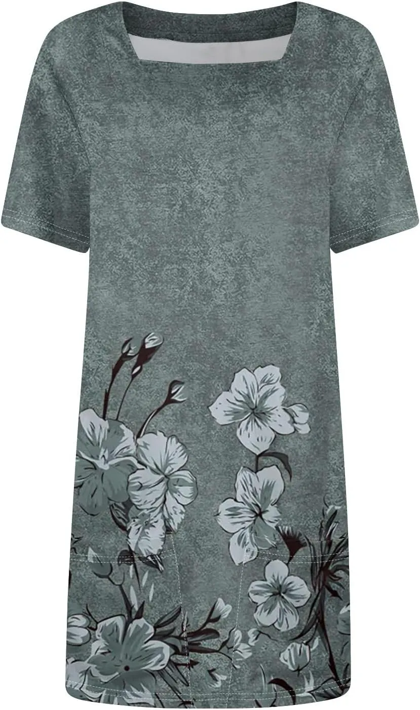 Summer Dress T-Shirt Dress Short Sleeve Square Neck Plus Size Dresses for Curvy Women Fashion Mini Dress with Pockets