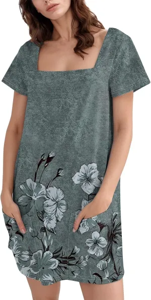 Summer Dress T-Shirt Dress Short Sleeve Square Neck Plus Size Dresses for Curvy Women Fashion Mini Dress with Pockets