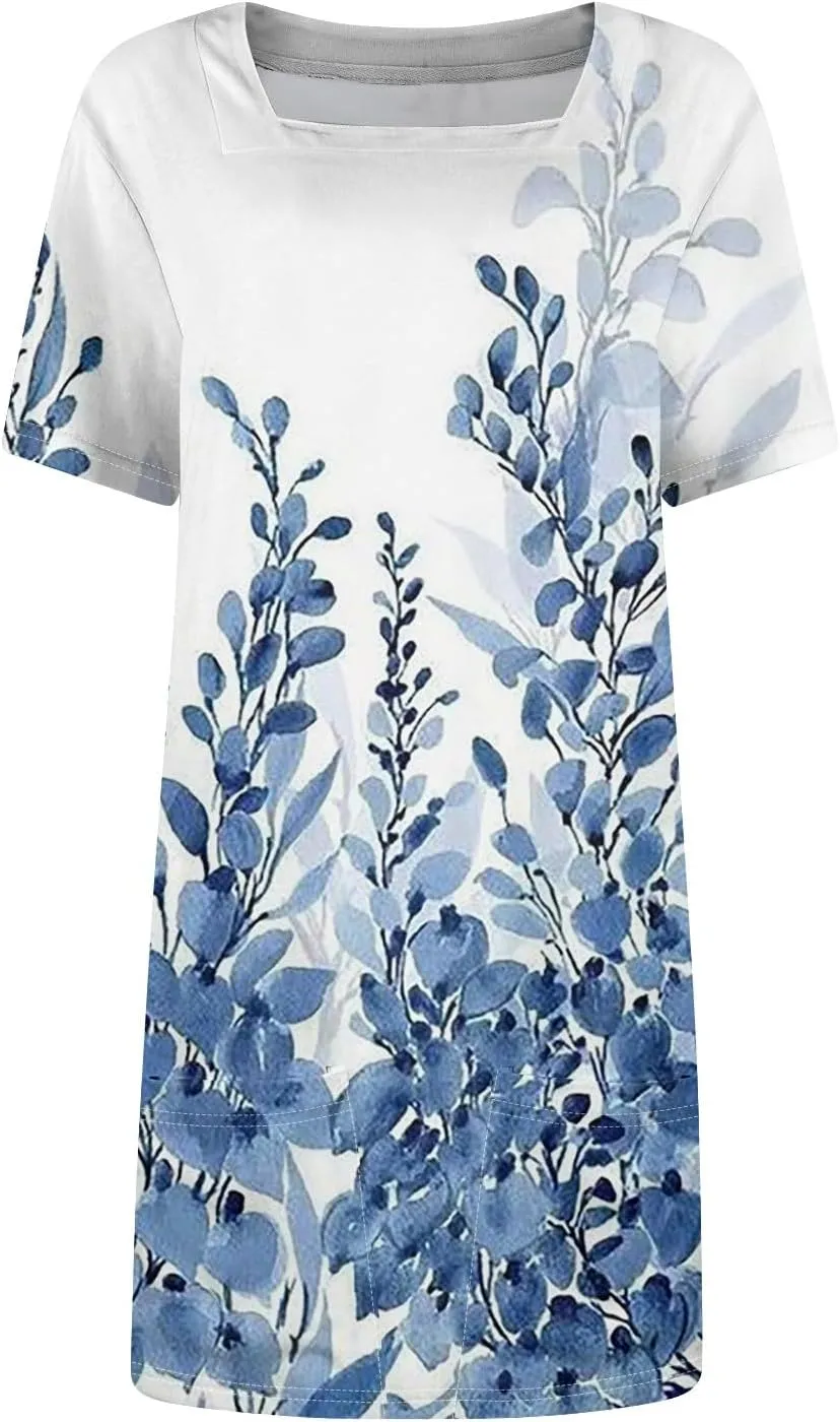 Summer Dress T-Shirt Dress Short Sleeve Square Neck Plus Size Dresses for Curvy Women Fashion Mini Dress with Pockets