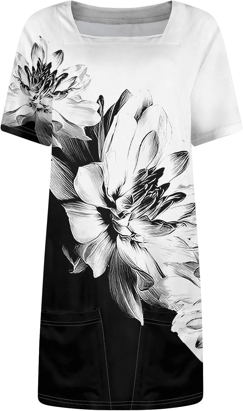 Summer Dress T-Shirt Dress Short Sleeve Square Neck Plus Size Dresses for Curvy Women Fashion Mini Dress with Pockets