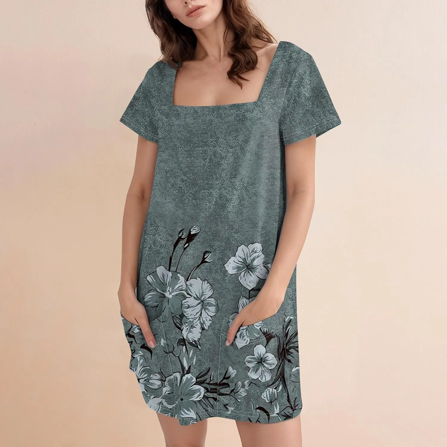 Summer Dress T-Shirt Dress Short Sleeve Square Neck Plus Size Dresses for Curvy Women Fashion Mini Dress with Pockets