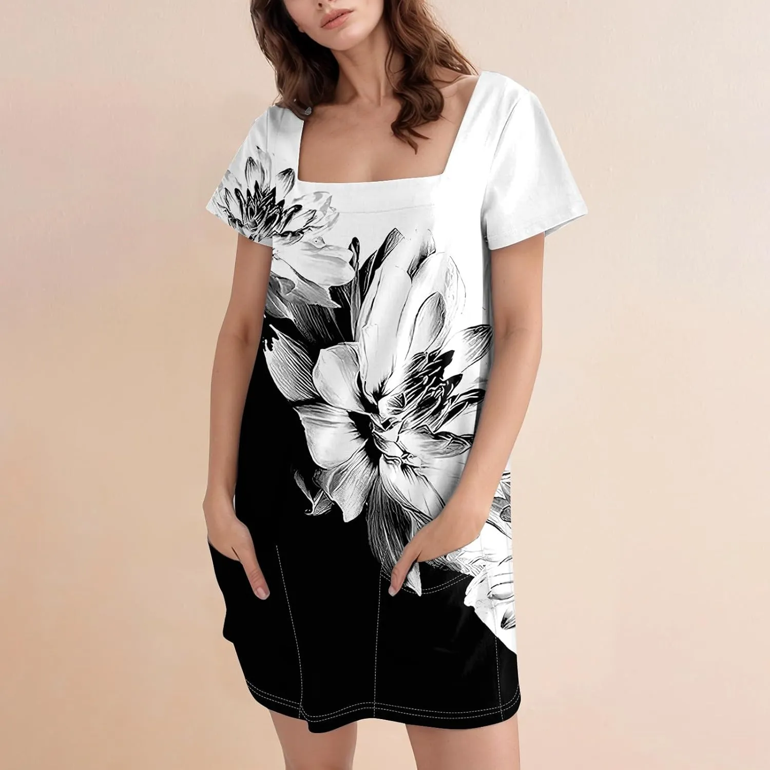 Summer Dress T-Shirt Dress Short Sleeve Square Neck Plus Size Dresses for Curvy Women Fashion Mini Dress with Pockets