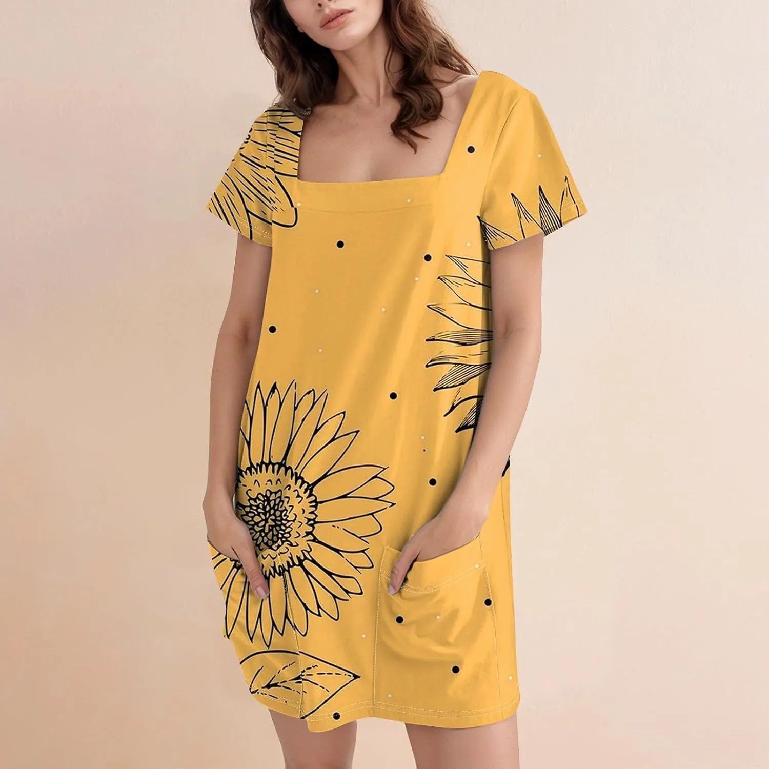 Summer Dress T-Shirt Dress Short Sleeve Square Neck Plus Size Dresses for Curvy Women Fashion Mini Dress with Pockets