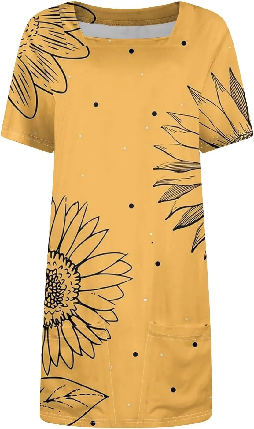 Summer Dress T-Shirt Dress Short Sleeve Square Neck Plus Size Dresses for Curvy Women Fashion Mini Dress with Pockets