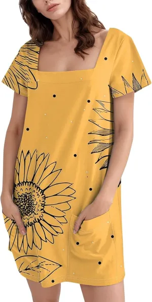 Summer Dress T-Shirt Dress Short Sleeve Square Neck Plus Size Dresses for Curvy Women Fashion Mini Dress with Pockets