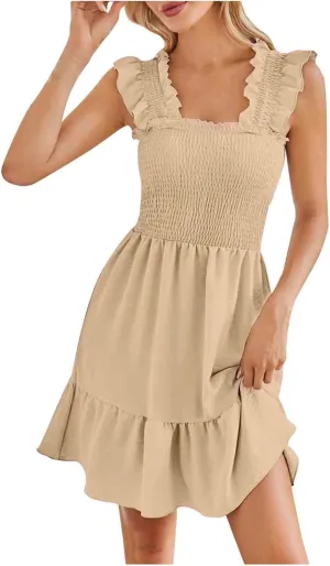 Summer Dresses for Women 2024 Casual Sleeveless Square Neck Smocked Ruffle Boho Tiered Mini Dress 2024 Trendy Sundress
