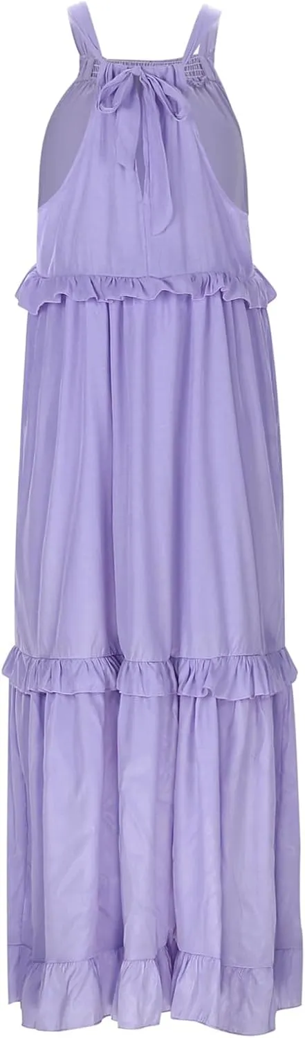 Summer Dresses for Women 2024 Halter Tie Back Loose Flowy Ruffle Tiered Maxi Dress Beach Swing Long Dress Sundress