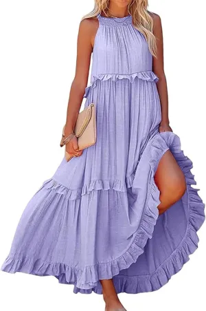 Summer Dresses for Women 2024 Halter Tie Back Loose Flowy Ruffle Tiered Maxi Dress Beach Swing Long Dress Sundress