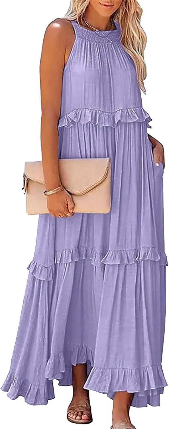 Summer Dresses for Women 2024 Halter Tie Back Loose Flowy Ruffle Tiered Maxi Dress Beach Swing Long Dress Sundress