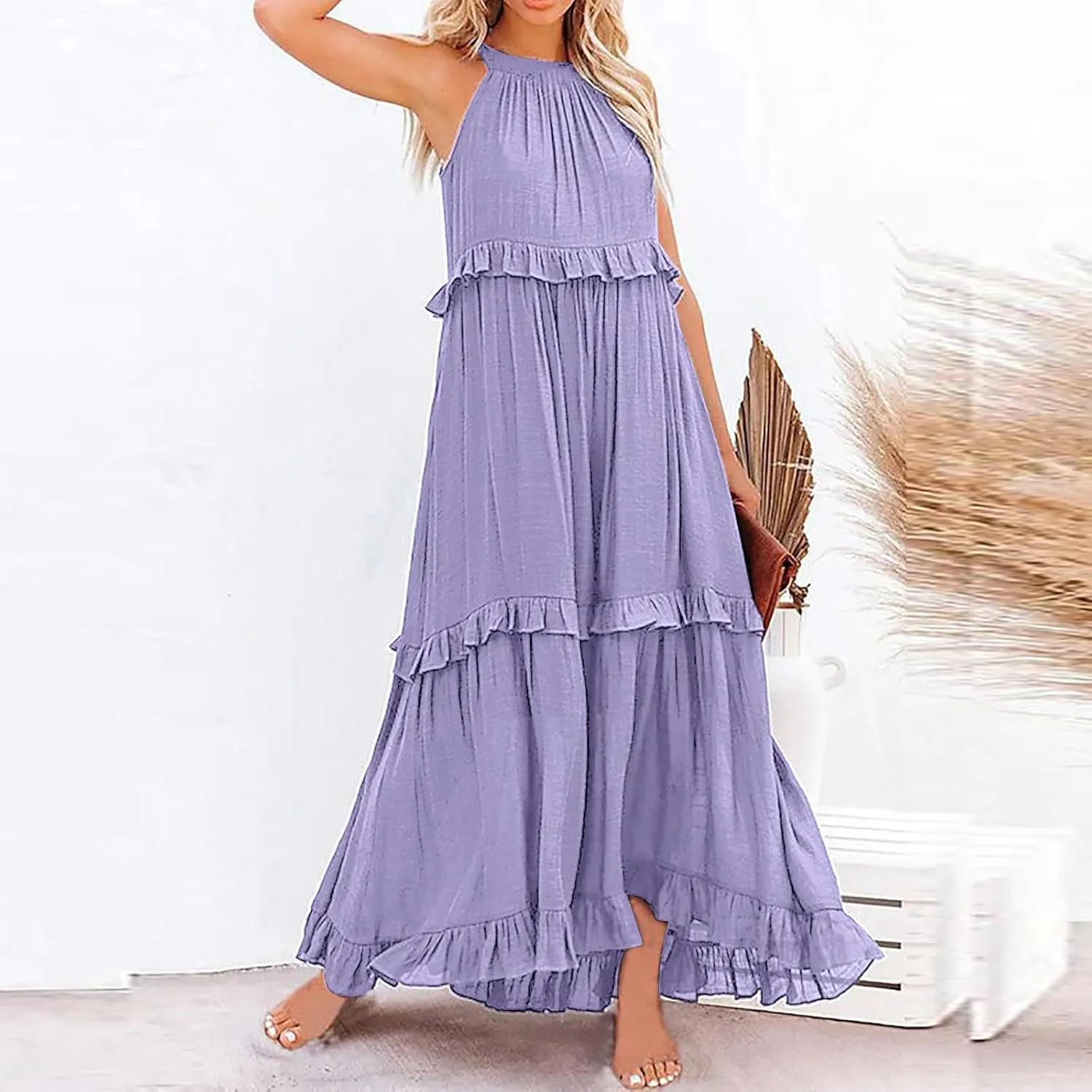 Summer Dresses for Women 2024 Halter Tie Back Loose Flowy Ruffle Tiered Maxi Dress Beach Swing Long Dress Sundress