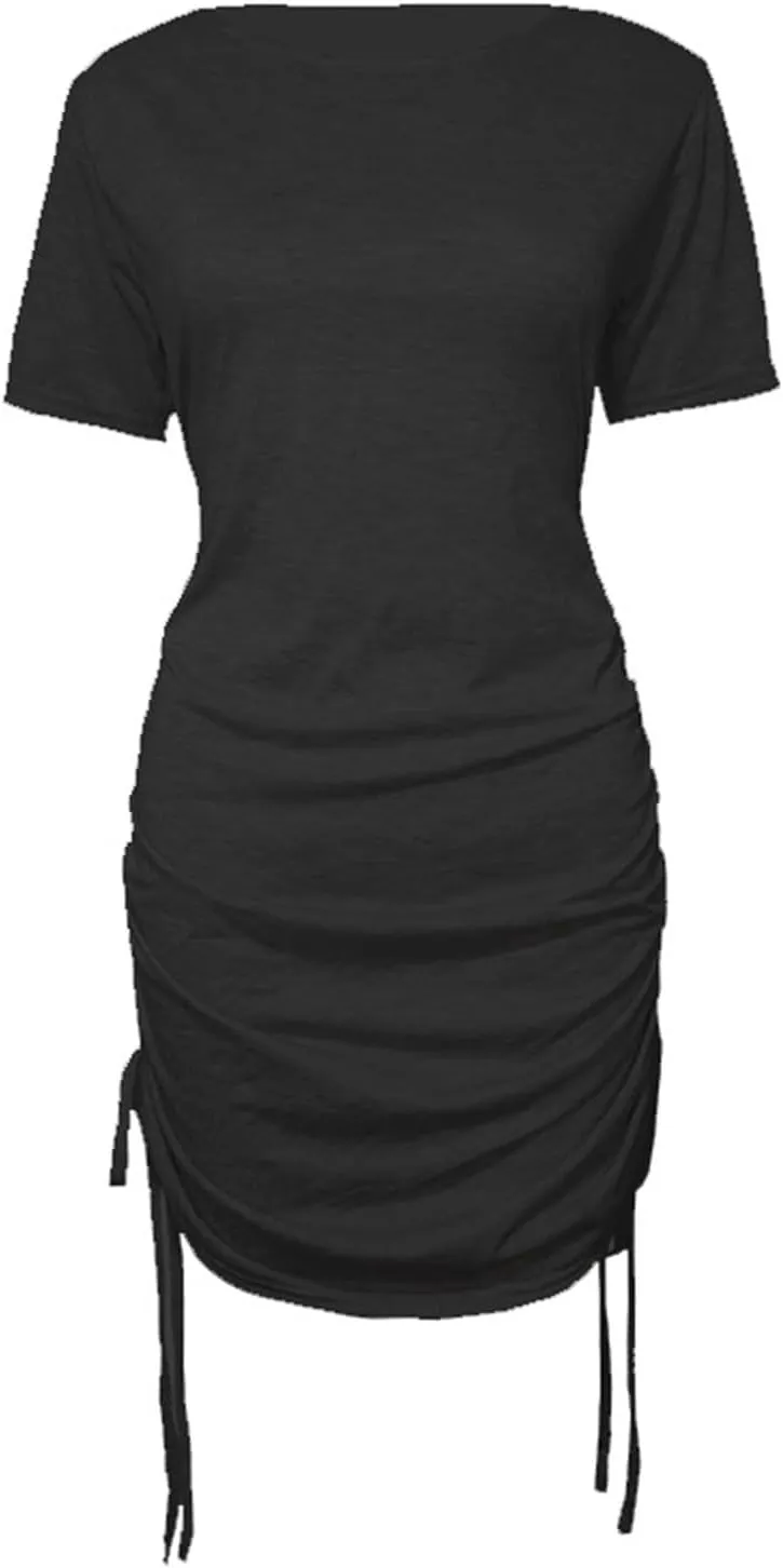 Summer Dresses for Women 2024 Side Drawstring Ruched Bodycon Mini Dress Short Sleeve Knit Crewneck Beach Sundress