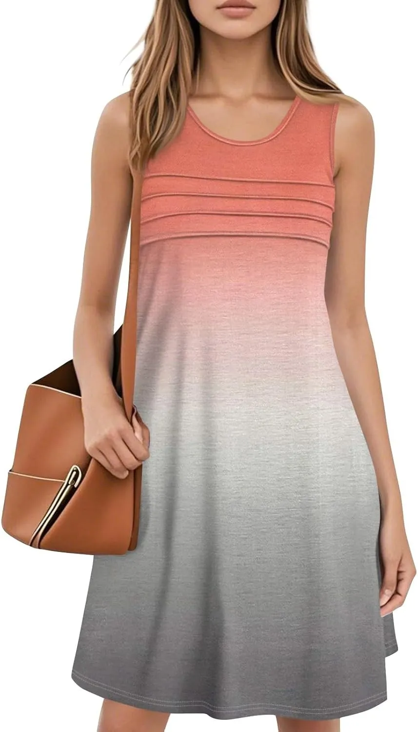 Summer Dresses for Women 2025 Floral Loose T Shirt Dresses V Neck Casual Pleated Front Tank Dress Sleeveless Sundresses