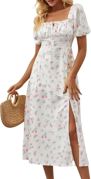 Summer Dresses for Women 2025 Puff Short Sleeve Long Boho Dresses Square Neck Floral Split Thigh Dress