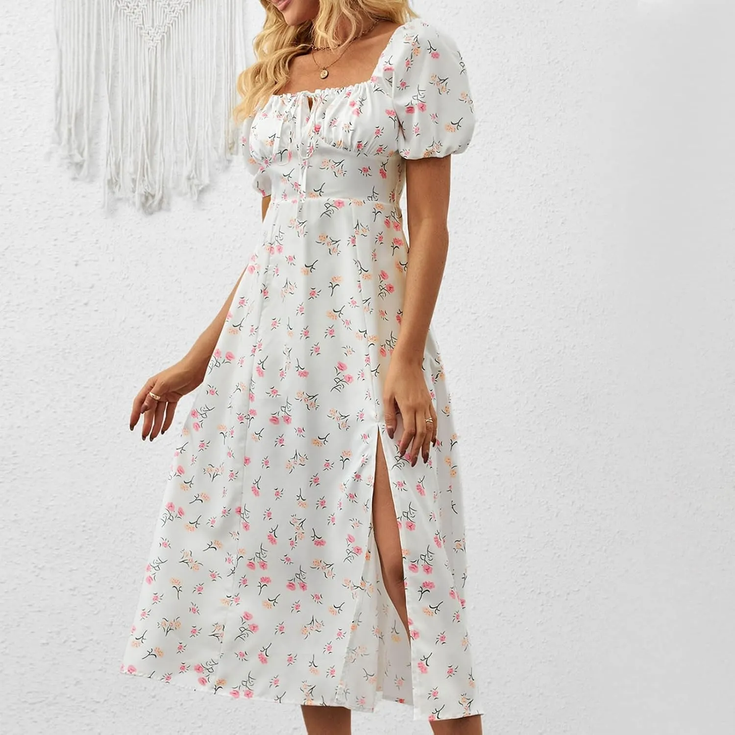 Summer Dresses for Women 2025 Puff Short Sleeve Long Boho Dresses Square Neck Floral Split Thigh Dress
