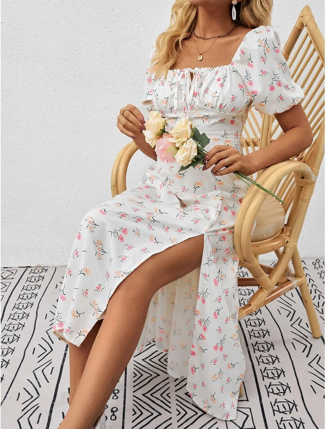 Summer Dresses for Women 2025 Puff Short Sleeve Long Boho Dresses Square Neck Floral Split Thigh Dress