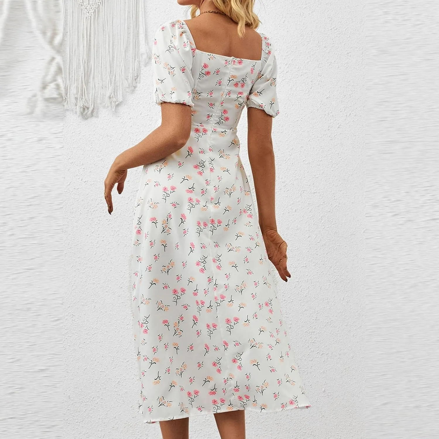 Summer Dresses for Women 2025 Puff Short Sleeve Long Boho Dresses Square Neck Floral Split Thigh Dress