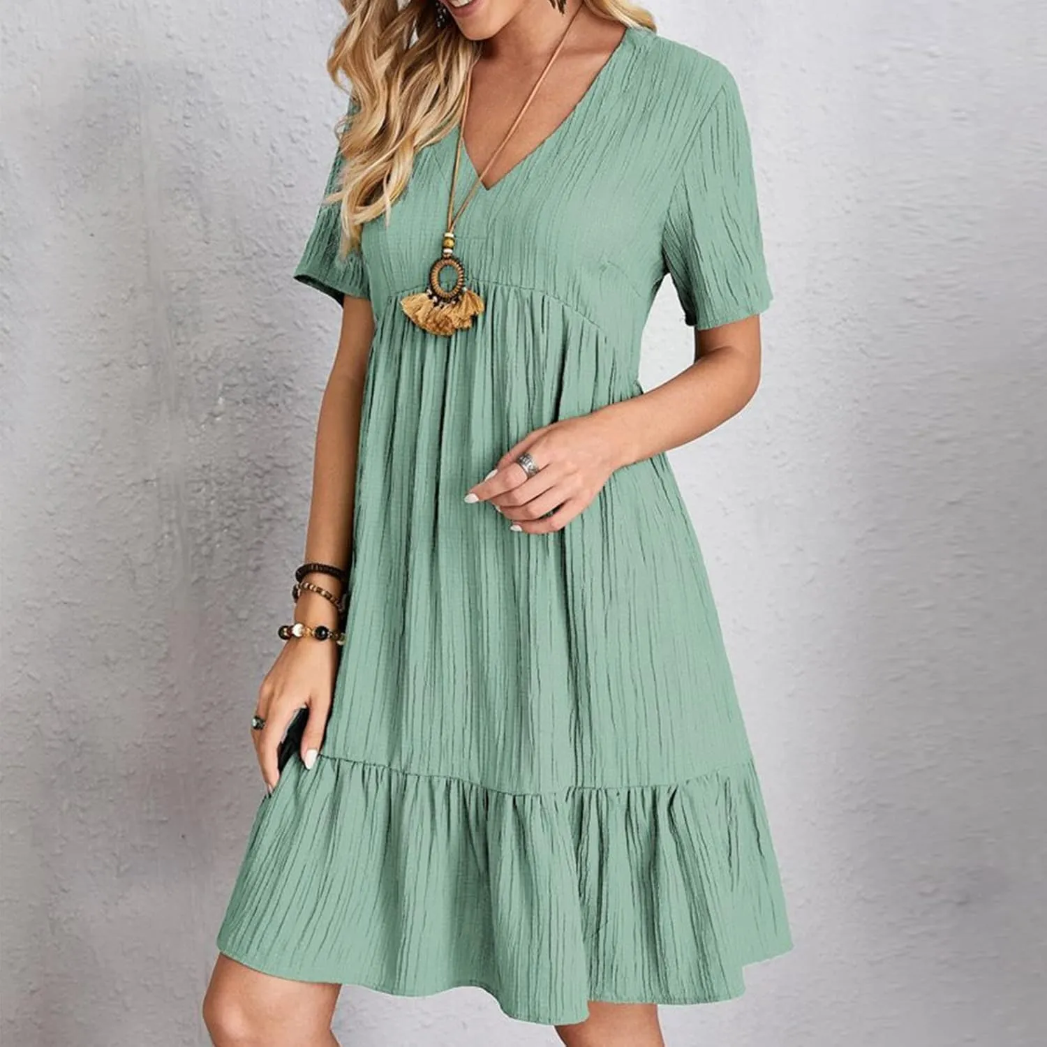 Summer Dresses for Women 2025 Trendy Loose Short Sleeve Solid Color Sundress Casual Pleated Vacation Beach Dress