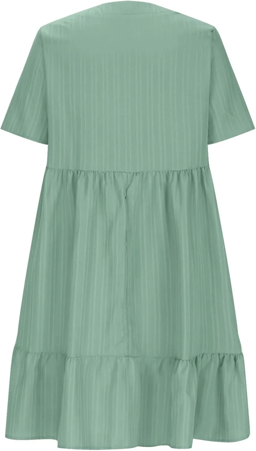 Summer Dresses for Women 2025 Trendy Loose Short Sleeve Solid Color Sundress Casual Pleated Vacation Beach Dress