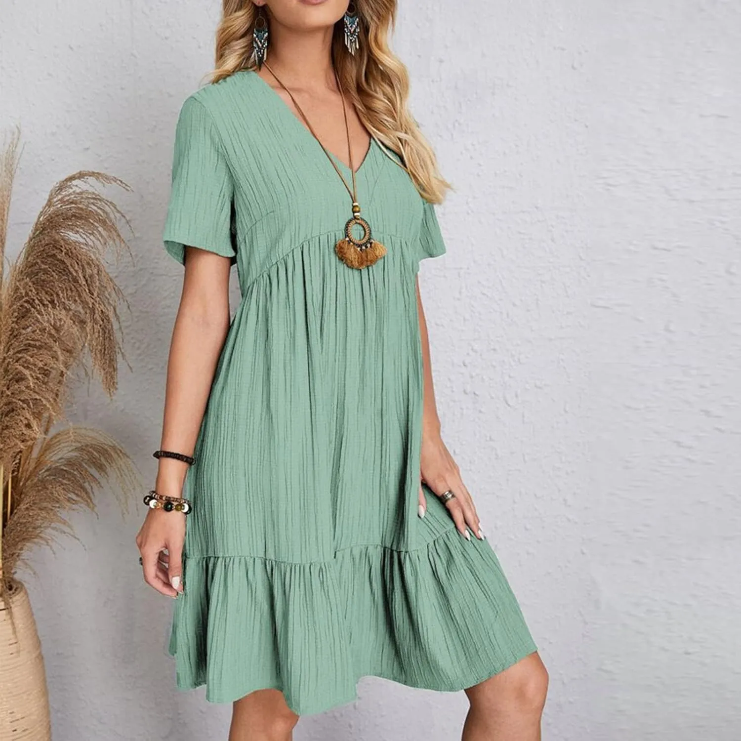 Summer Dresses for Women 2025 Trendy Loose Short Sleeve Solid Color Sundress Casual Pleated Vacation Beach Dress