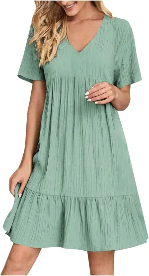 Summer Dresses for Women 2025 Trendy Loose Short Sleeve Solid Color Sundress Casual Pleated Vacation Beach Dress