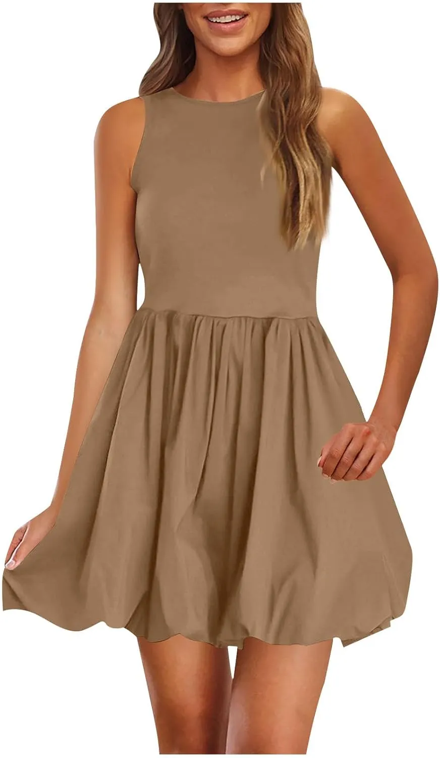 Summer Dresses for Women Casual Sleeveless Mini Bubble Short Tank Dress Cute Drop Waist Cocktail Sundress with Pockets