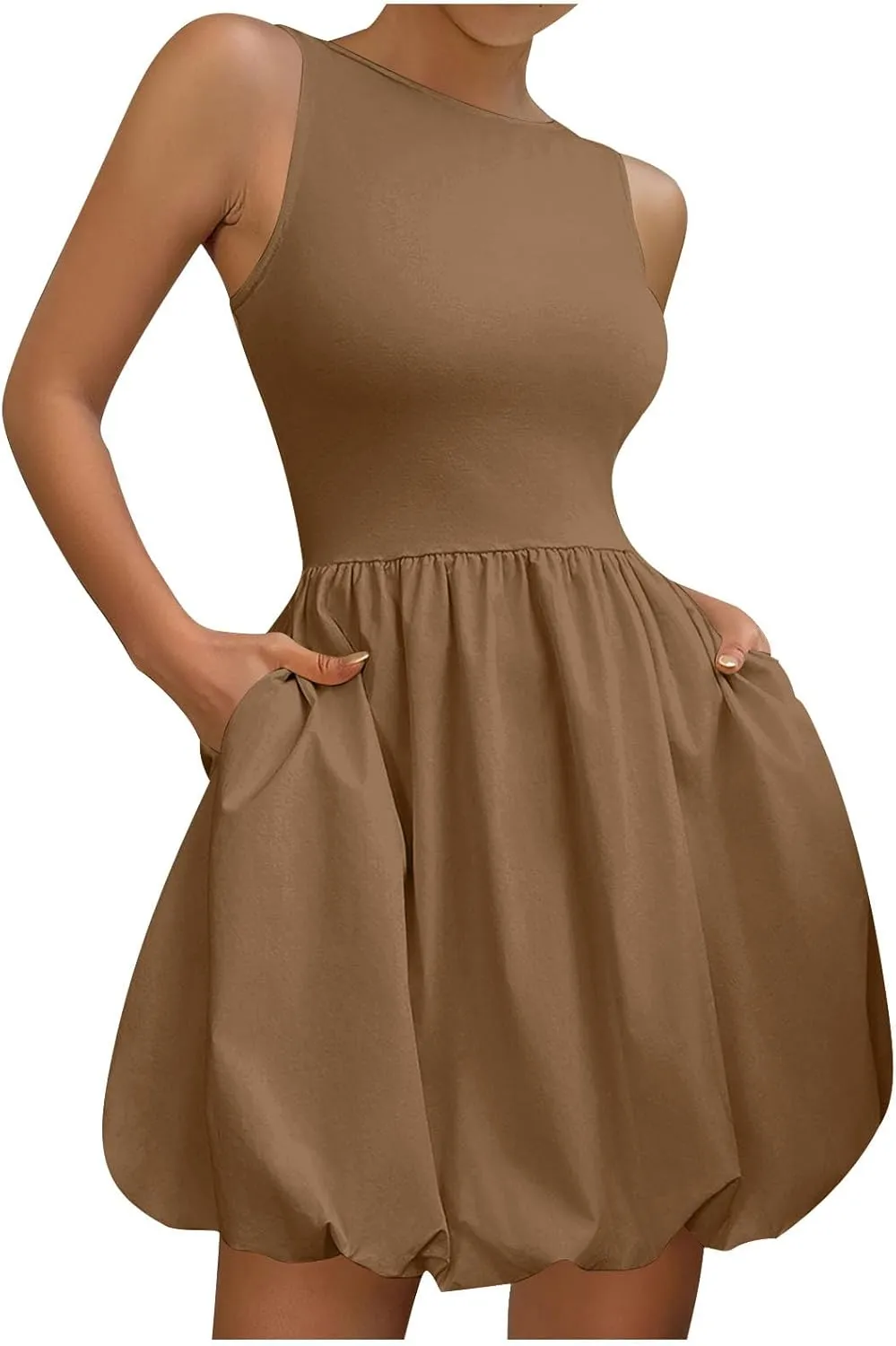 Summer Dresses for Women Casual Sleeveless Mini Bubble Short Tank Dress Cute Drop Waist Cocktail Sundress with Pockets