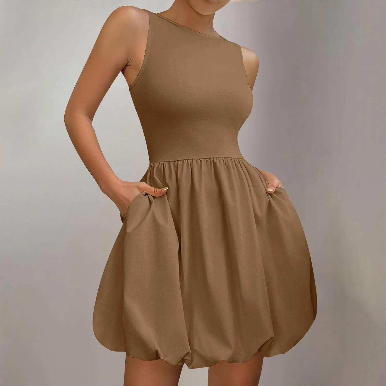 Summer Dresses for Women Casual Sleeveless Mini Bubble Short Tank Dress Cute Drop Waist Cocktail Sundress with Pockets