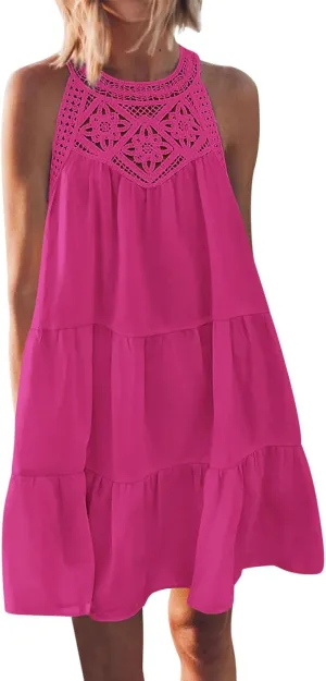 Summer Hollow Out Lace Crochet Halter Dresses Womens Casual Sleeveless Tiered Swing Sundress Beach Vacation Mini Dress